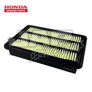 A rectangular Honda Genuine Parts engine air filter with pleated yellow filter material and a black plastic frame is shown against a white background. The Honda Genuine Parts logo appears in the top left corner. | Jap Service Parts - Car Parts