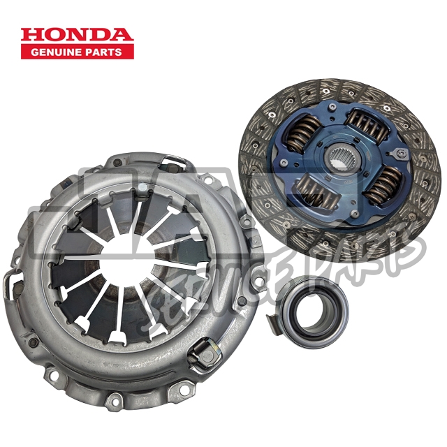 Honda genuine parts set, including a clutch pressure plate, clutch disc with springs, and a release bearing, displayed on a white background with the Honda Genuine Parts logo in the top left corner. | Jap Service Parts - Car Parts