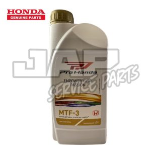 A bottle of Honda Pro Honda MTF-3 transmission fluid with a gold cap. The label displays the Honda logo, “MTF-3,” and “Empower Your Passion,” along with product details in black and orange text. | Jap Service Parts - Car Parts