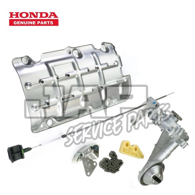 Honda automotive genuine parts kit, including a metal oil sump, dipstick, timing chain, tensioner, guide, and actuator. The Honda Genuine Parts logo is displayed in the upper left corner. | Jap Service Parts - Car Parts