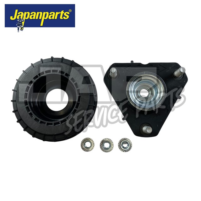 Two automotive parts, including a black circular component and a triangular metal mount with three bolts, along with three washer nuts. The Japanparts logo is displayed in the top left corner. | Jap Service Parts - Car Parts