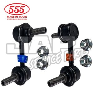 Two black suspension stabiliser links with bolts and nuts, labelled with red and blue bands, are shown. The 555 Made in Japan Steering and Suspension logo appears in the top left corner. | Jap Service Parts - Car Parts