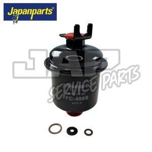 A black Japanparts FC-498S fuel filter with red and black top, shown with three washers below it, on a white background. The Japanparts logo and product details are visible on the filter. | Jap Service Parts - Car Parts