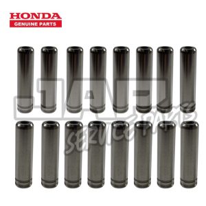 Sixteen silver cylindrical valve guides are arranged in two rows on a white background. The Honda Genuine Parts logo is at the top left, and a semi-transparent watermark covers the image. | Jap Service Parts - Car Parts