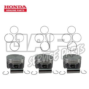 Three Honda Genuine Parts piston kits, each with a piston, piston rings, and pins, are arranged side by side on a white background. Honda Genuine Parts logos appear at the top of the image. | Jap Service Parts - Car Parts