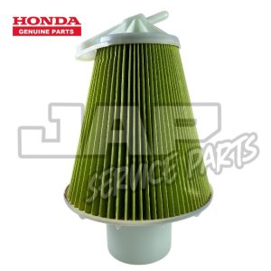 A green pleated cylindrical Honda genuine parts oil filter with a white base and top, displayed against a white background. Red Honda logo and JAP Service Parts watermark are visible. | Jap Service Parts - Car Parts