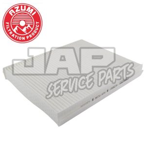 Rectangular white cabin air filter placed on a white background with the AZUMI Filtration Product red logo in the top left corner and JAP Service Parts watermark over the image. | Jap Service Parts - Car Parts