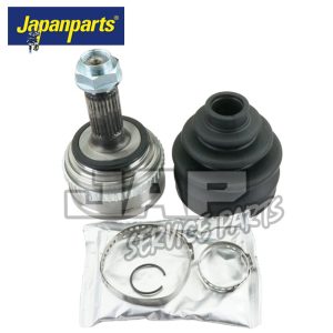 A set of car parts including a CV joint, rubber boot, metal rings, and grease sachet, with the Japanparts logo in the top left corner. The parts are arranged on a white background. | Jap Service Parts - Car Parts