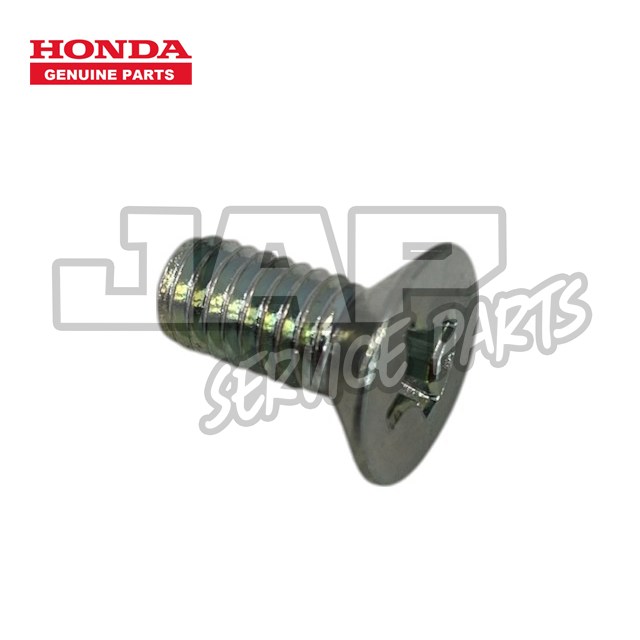A metallic flat-head screw with a Phillips drive is shown on a white background. The Honda Genuine Parts logo is in the top left corner, and the JAP Service Parts watermark overlays the image. | Jap Service Parts - Car Parts