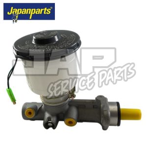 A car brake master cylinder with an attached white fluid reservoir and yellow-tipped outlets, shown against a white background. The Japanparts logo appears in the top left corner. | Jap Service Parts - Car Parts