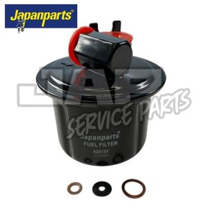 A black Japanparts fuel filter with red and black connectors, model number 423137, is shown alongside three washers on a white background. The Japanparts logo is visible in the top left corner. | Jap Service Parts - Car Parts