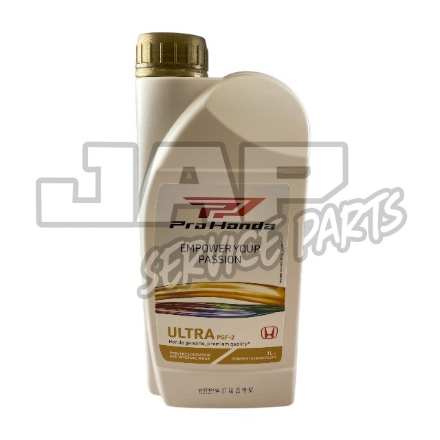 A white bottle of Pro Honda Ultra PSF-2 fluid with a gold cap, labelled Empower Your Passion and the Honda logo, displayed against a white background. | Jap Service Parts - Car Parts