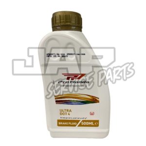 A 500ml white plastic bottle of Pro Honda Ultra DOT 4 brake fluid with a gold cap. The label features a red Honda logo and a multicoloured stripe, and the text BRAKE FLUID and EMPOWER YOUR PASSION. | Jap Service Parts - Car Parts