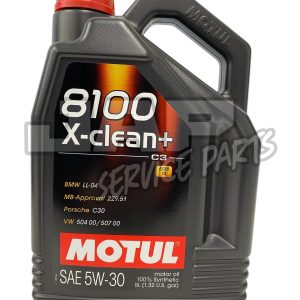 A black 5-litre container of Motul 8100 X-clean+ SAE 5W-30 motor oil with red and orange label, suitable for BMW, Mercedes-Benz, and Porsche engines. The cap is on the top right side of the container. | Jap Service Parts - Car Parts