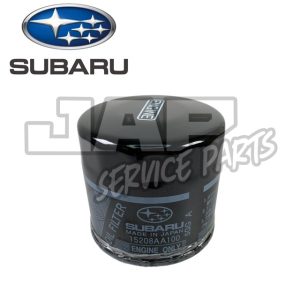 A black Subaru oil filter with the Subaru logo and Oil Filter text. The filter is labelled Made in Japan with part number 15208AA100. Branding for Jap Service Parts is also visible in the background. | Jap Service Parts - Car Parts