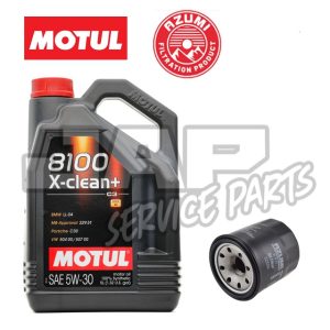 A container of Motul 8100 X-clean+ SAE 5W-30 engine oil and an Azumi oil filter are shown side by side. The Motul logo and Azumi Filtration Product emblem are visible at the top. | Jap Service Parts - Car Parts