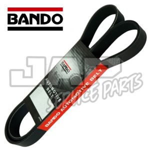 A packaged Bando automotive belt is shown with a black and red label displaying the Bando logo and the words “Automotive Belt.” The belt is looped and displayed against a white background. | Jap Service Parts - Car Parts