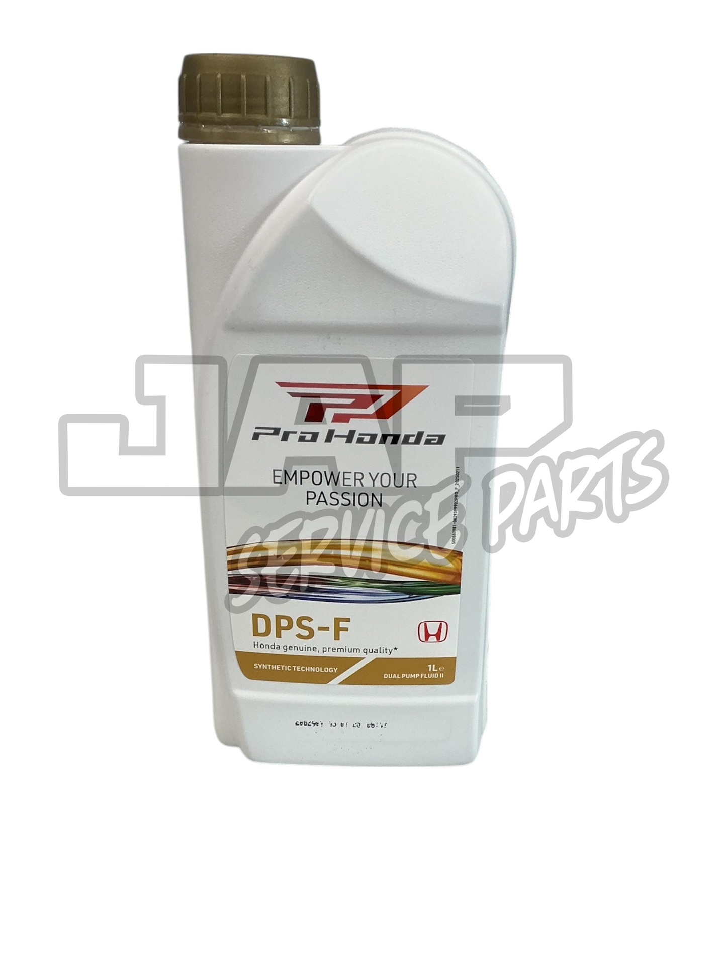 A white bottle of Pro Honda DPS-F oil with a brown cap, featuring the Pro Honda logo and EMPOWER YOUR PASSION text on the label, along with Honda branding and product details. | Jap Service Parts - Car Parts
