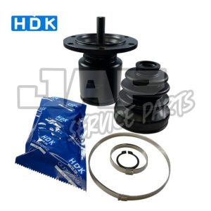 A car CV joint repair kit with black metal and rubber parts, a blue HDK grease sachet, a metal clip, and a circular retaining ring displayed on a white background. HDK logo is visible at the top left. | Jap Service Parts - Car Parts