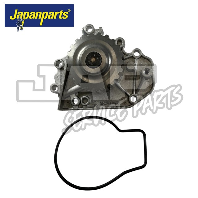 A metallic car water pump with multiple bolt holes is shown next to a black rubber gasket. The image has the Japanparts logo in the upper left corner and a faint “JAP Service Parts” watermark in the background. | Jap Service Parts - Car Parts