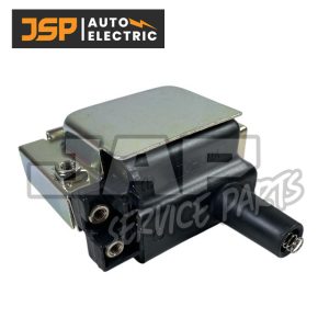 A close-up of an ignition coil, labelled with JSP Auto Electric in the top left corner. The coil is black and metallic with visible connectors and a cylindrical extension. Service Parts is faintly overlaid in the background. | Jap Service Parts - Car Parts