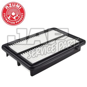 A rectangular Azumi brand air filter with a white pleated filter element and a black plastic frame, shown on a white background with the Azumi logo and text SERVICE SPARES. | Jap Service Parts - Car Parts