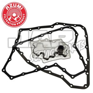 A gasket and oil filter kit, including a metal filter plate and two black rubber gaskets, displayed on a white background with the Azumi Filtration Product logo in the top left corner. | Jap Service Parts - Car Parts
