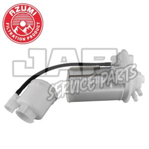 A white automotive fuel filter with attached black wire, featuring the Azumi Filtration Product logo in red and white. Background includes the faint text JAP SERVICE PARTS. | Jap Service Parts - Car Parts