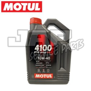 A 5-litre black container of Motul 4100 SYN-nergy 10W-40 motor oil with a red cap, featuring Motul branding and product details on the label. The Motul logo appears in the top left corner. | Jap Service Parts - Car Parts