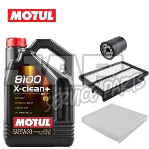 A bottle of Motul 8100 X-clean+ SAE 5W-30 engine oil, an oil filter, an air filter, and a cabin air filter are displayed on a white background. | Jap Service Parts - Car Parts