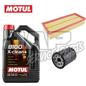 A container of Motul 8100 X-clean+ motor oil, a rectangular engine air filter with a red border, and a black oil filter, displayed with the Motul logo and a faded car parts watermark in the background. | Jap Service Parts - Car Parts