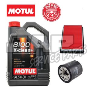 A container of Motul 8100 X-clean 5W-30 engine oil, an Azumi air filter, and an oil filter displayed side by side on a white background. | Jap Service Parts - Car Parts