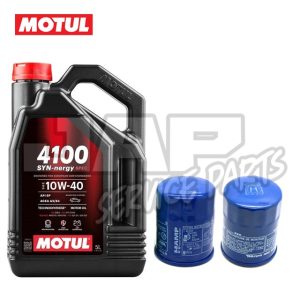 A black 5-litre bottle of Motul 4100 10W40 Semi-Synthetic Oil and two blue oil filters are shown on a white background. The Motul logo is at the top left. Product: Motul 4100 10W40 Semi-Synthetic Oil + Choice of Oil Filter. | Jap Service Parts - Car Parts
