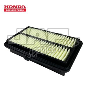Honda genuine parts rectangular air filter with pleated paper element in a black plastic frame, shown on a white background with the Honda logo in the top left corner. | Jap Service Parts - Car Parts