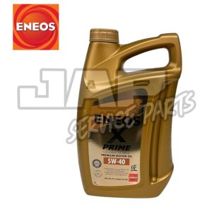 A gold 4-litre container of ENEOS X Prime 5W-40 premium motor oil is shown, with the ENEOS logo in the top left corner and JAP SERI PARTS watermark across the image. | Jap Service Parts - Car Parts