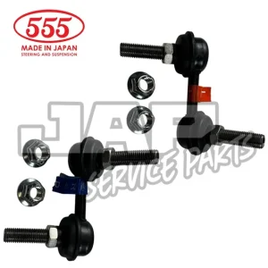 Two black metal car suspension parts with bolts and nuts are shown against a white background. The 555 MADE IN JAPAN logo is at the top left, and JAP SERVICE PARTS is watermarked across the image. | Jap Service Parts - Car Parts