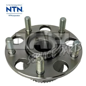 A metal automotive wheel hub assembly with five wheel studs, circular holes, and the NTN logo in the top left corner. The part is photographed against a white background. | Jap Service Parts - Car Parts