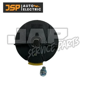 A black, round automotive part with a metal connector on top, placed above a small screw. The JSP Auto Electric logo and watermark JAP Service Parts appear in the background. | Jap Service Parts - Car Parts
