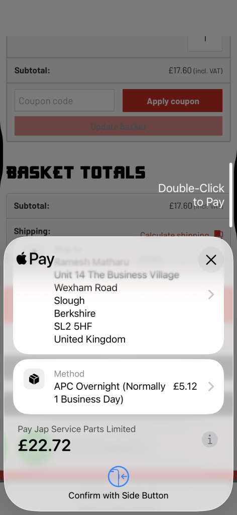 A checkout screen on a mobile device shows Apple Pay selected, with a delivery address in Slough, UK. An APC Overnight shipping method for £5.12 is shown, plus options for Parts Collection or Buying in Store. Total is £22.72; confirm with the side button. | Jap Service Parts - Car Parts