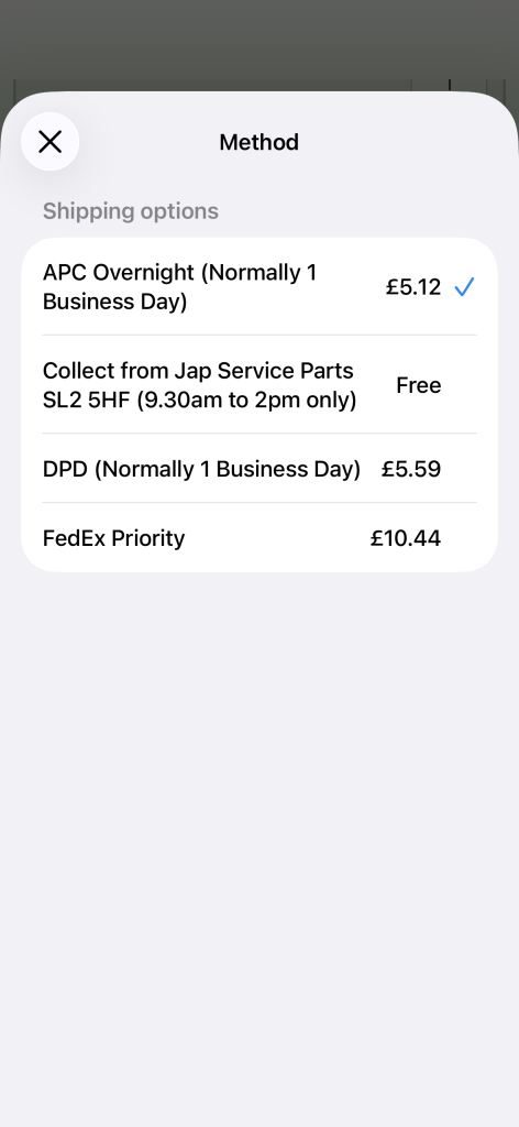A mobile screen displays delivery options and prices: APC Overnight £5.12, Collect from Jap Service Parts (free) for Parts Collection, DPD £5.59, and FedEx Priority £10.44, with APC Overnight selected. | Jap Service Parts - Car Parts