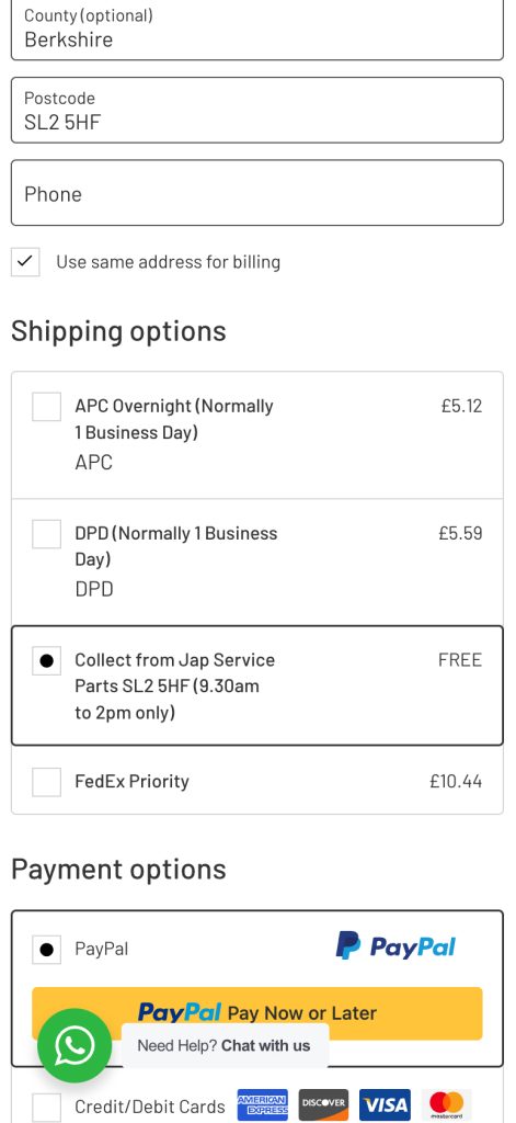 A checkout page showing delivery options—APC, DPD, in-store collection for Parts Collection or Buying in Store, and FedEx—and payment options including PayPal, PayPal Pay Later, credit/debit cards, and a WhatsApp chat support button. | Jap Service Parts - Car Parts