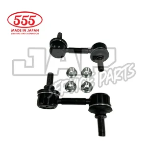 Two black automotive suspension links with four metal nuts. 555 Made in Japan text and JAP Service Parts logo in the background. White background. | Jap Service Parts - Car Parts