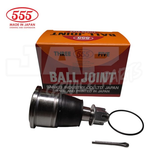 A 555 brand ball joint with a metal pin, ring, and its red and orange box labelled Ball Joint. Text shows it is made in Japan by Sankei Industry. | Jap Service Parts - Car Parts