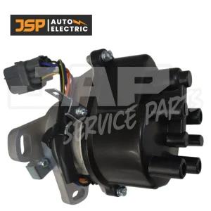 A black distributor cap with attached wiring and metal bracket, shown on a white background. The JSP Auto Electric logo is in the top left corner, and JAP Service Parts is watermarked over the image. | Jap Service Parts - Car Parts