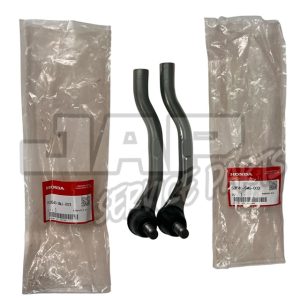 Two metal automotive parts with black ends, identified as FN2 Tie Rod Ends for the 2007-2010 Honda Civic Type R, are placed between two clear plastic bags labelled with red and white Honda parts stickers. The bags are empty and lying flat on a white background. | Jap Service Parts - Car Parts