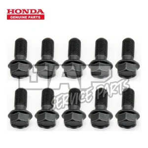 Ten black hex bolts with flanges arranged in two rows on a white background. The Honda Genuine Parts logo is in the top left corner. HAP SERVICE PARTS watermark overlays the image. | Jap Service Parts - Car Parts