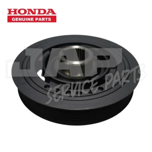 A black Honda genuine part, likely a crankshaft pulley, is shown on a white background with the Honda Genuine Parts logo in red at the top left-hand corner. | Jap Service Parts - Car Parts
