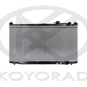 A silver and black car radiator with a metal core and plastic end tanks, viewed from the front, against a white background with a faint Koyorad logo behind it. | Jap Service Parts - Car Parts