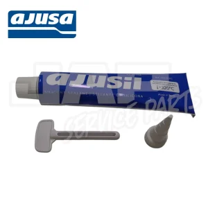 A blue tube of Ajusa silicone sealant with a white cap, a nozzle, and a turning tool, placed on a white background. | Jap Service Parts - Car Parts